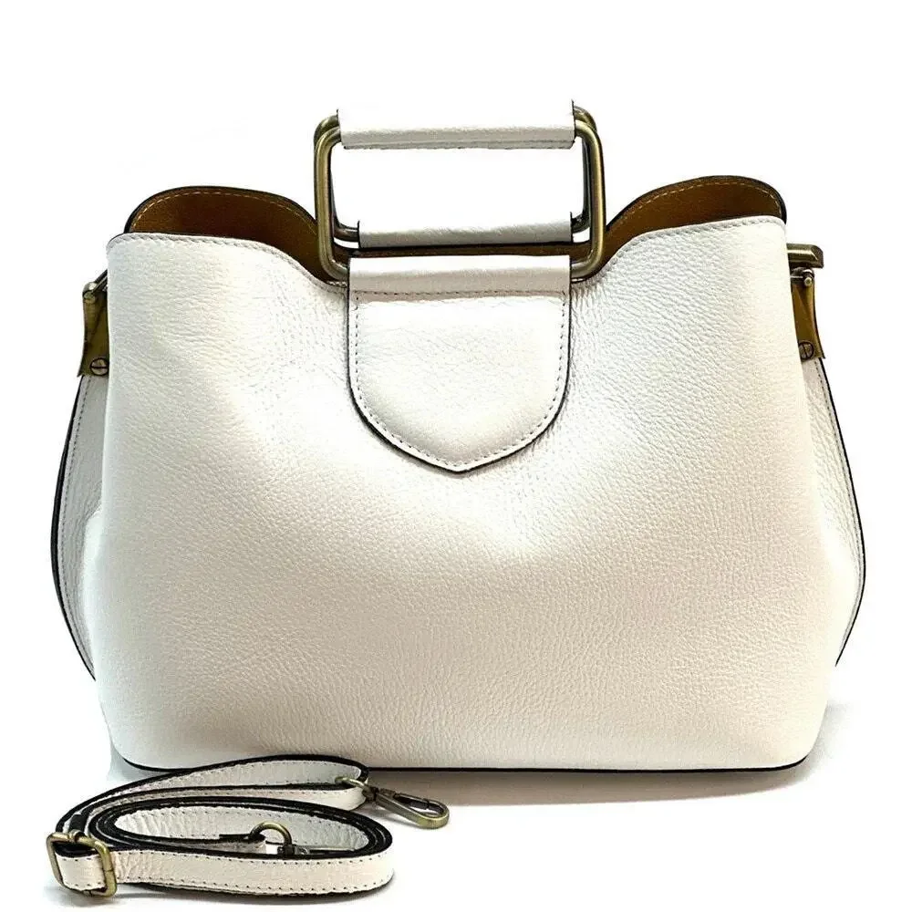Isadora Handbag White Pebbled Italian Leather Top Metal Handle Bag